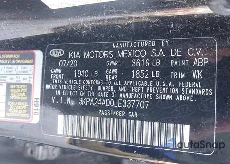 2020 Kia Rio S z USA, uszkodzony, nr VIN 3KPA24AD0LE337707